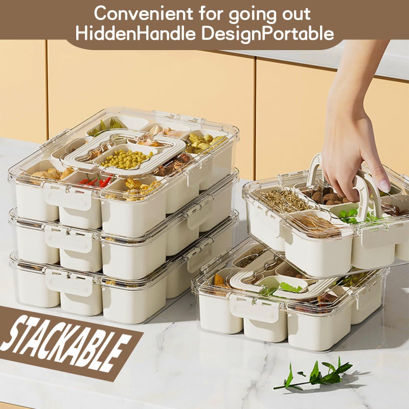 riyeloi Snackle Box Container, Portable 9 Compartments Divided Serving Tray with Lid and Handle, Clear Snack Box, Stackable Snack Platters Organizer for Fruits, Candies, Vegetables, Nuts-1 Pack - Image 3