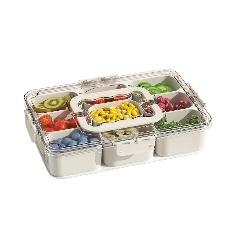 riyeloi Snackle Box Container, Portable 9 Compartments Divided Serving Tray with Lid and Handle, Clear Snack Box, Stackable Snack Platters Organizer for Fruits, Candies, Vegetables, Nuts-1 Pack - Image 1