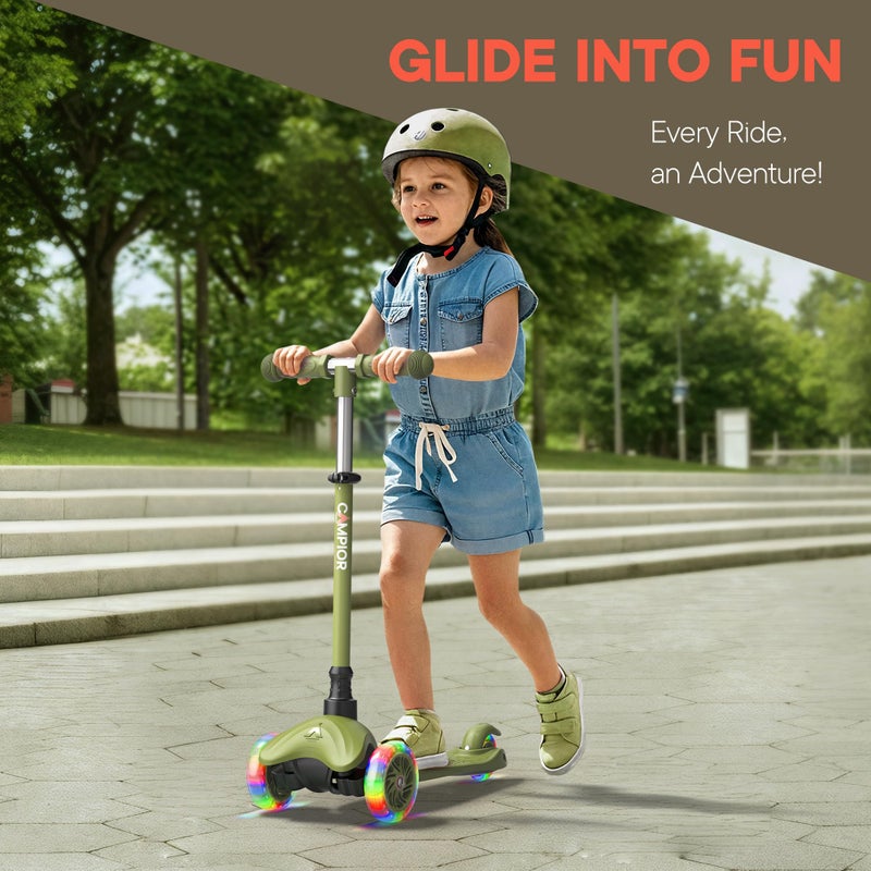 Campior Neon Green Mini 3 Wheel Scooter for Kids â€“ Lean-to-Steer Kick Scooter with LED Light-Up Wheels, Adjustable Handlebar, Wide Anti-Slip Deck, Smooth Wheels, Rear Foot Brake â€“ Toddler Scooter for Ages 2+ - Image 3