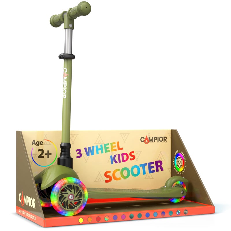 Campior Neon Green Mini 3 Wheel Scooter for Kids â€“ Lean-to-Steer Kick Scooter with LED Light-Up Wheels, Adjustable Handlebar, Wide Anti-Slip Deck, Smooth Wheels, Rear Foot Brake â€“ Toddler Scooter for Ages 2+ - Image 1