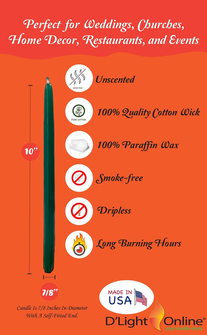 D'light Online Elegant 10" Unscented Dark Green Taper Candles, Premium Quality Hand-Dipped Tapered Candles, Dripless and Smokeless - Set of 12 Individually Wrapped (10 Inch, Dark Green) - Image 2