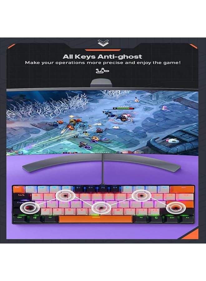61 Keys Rgb Gaming Keyboard 60% Mini Wired Waterproof With Anti Ghosting Keyboard And Three Color Keycaps With Red Switch For Gamers(White Black And Orange) - Image 3
