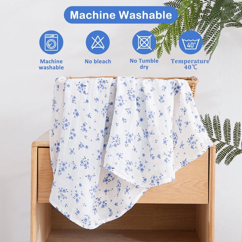 Viviland Muslin Swaddle Blanket, Baby Swaddle Blanket for Boys & Girls, Nursery Receiving Blanket for Newborn, Baby Swaddle Wrap Soft Silky & Breathable, 4 Packs, 47 X 47In, Blue Floral - Image 4