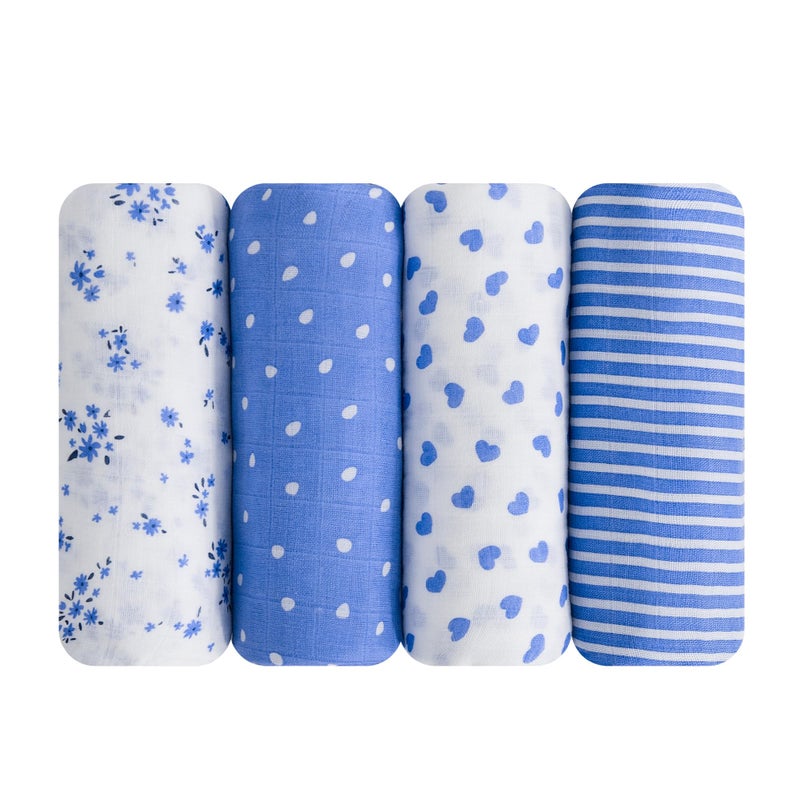 Viviland Muslin Swaddle Blanket, Baby Swaddle Blanket for Boys & Girls, Nursery Receiving Blanket for Newborn, Baby Swaddle Wrap Soft Silky & Breathable, 4 Packs, 47 X 47In, Blue Floral - Image 1