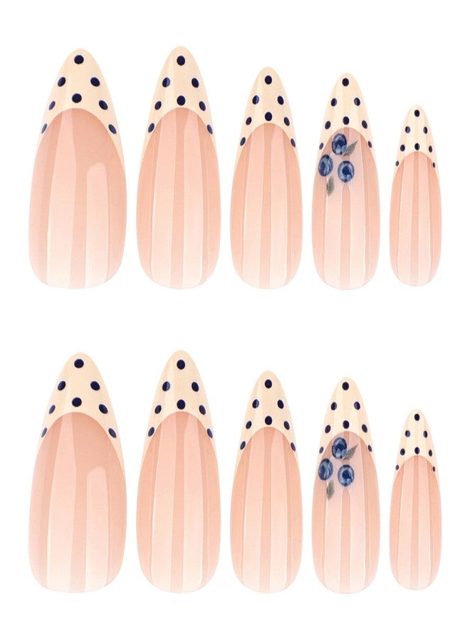 ASABITE 24Pcs French Tip Polka Dot Press on Nails Almond Medium Fake Nails with 3D Blueberry Polka Dot Design Summer Reusable False Nail Cute Nails Press ons Full Cover Artificial Stick on Nails for Women - Image 5