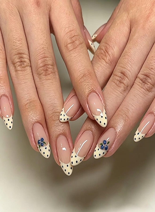 ASABITE 24Pcs French Tip Polka Dot Press on Nails Almond Medium Fake Nails with 3D Blueberry Polka Dot Design Summer Reusable False Nail Cute Nails Press ons Full Cover Artificial Stick on Nails for Women - Image 1
