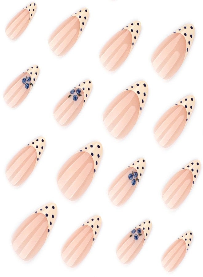 ASABITE 24Pcs French Tip Polka Dot Press on Nails Almond Medium Fake Nails with 3D Blueberry Polka Dot Design Summer Reusable False Nail Cute Nails Press ons Full Cover Artificial Stick on Nails for Women - Image 2