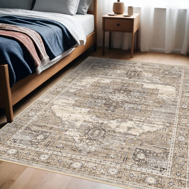 RUUGME Washable 4X6 Area Rugs - Living Room Area Rug Stain Resistant Carpet Vintage Lightweight Ultra-Thin Rugs For Bedroom Kitchen Entryway With Non Slip Backing Home Decor Small Mat 4X6 Beige - Image 2