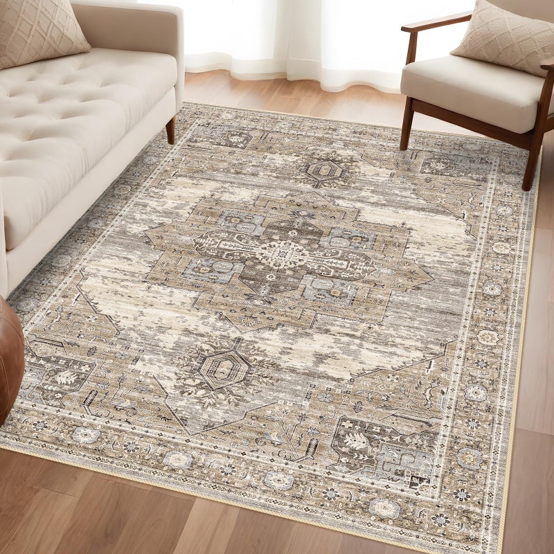 RUUGME Washable 4X6 Area Rugs - Living Room Area Rug Stain Resistant Carpet Vintage Lightweight Ultra-Thin Rugs For Bedroom Kitchen Entryway With Non Slip Backing Home Decor Small Mat 4X6 Beige - Image 1