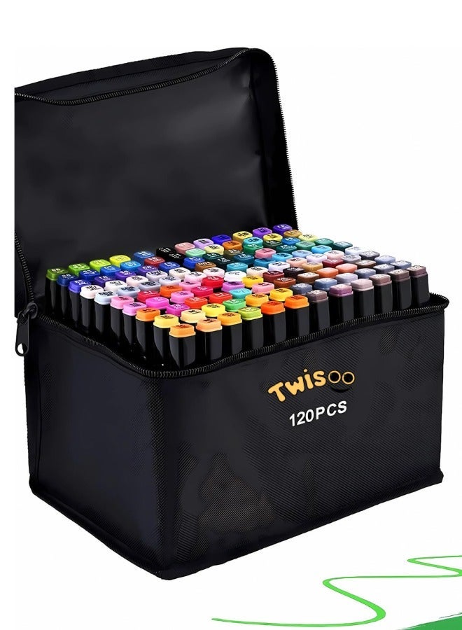 Twisoo Dual Tip Art Markers with Carrying Case – Odorless & Non-Toxic Twin Head Permanent Colouring Marker Pens for Kids, Adults & Beginners for Painting, Sketching, Drawing, Calligraphy (120 Pcs) - Image 2