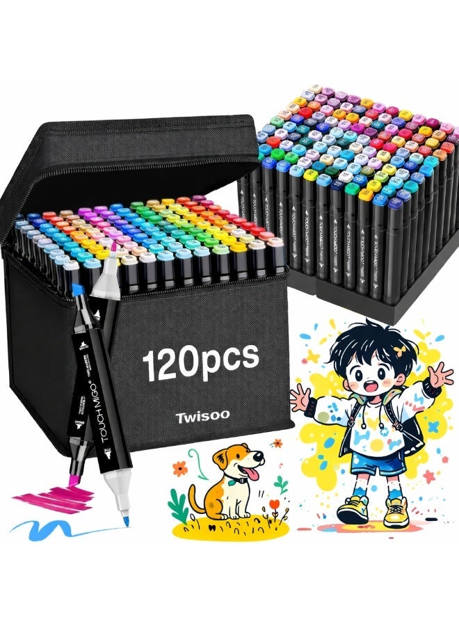 Twisoo Dual Tip Art Markers with Carrying Case – Odorless & Non-Toxic Twin Head Permanent Colouring Marker Pens for Kids, Adults & Beginners for Painting, Sketching, Drawing, Calligraphy (120 Pcs) - Image 1