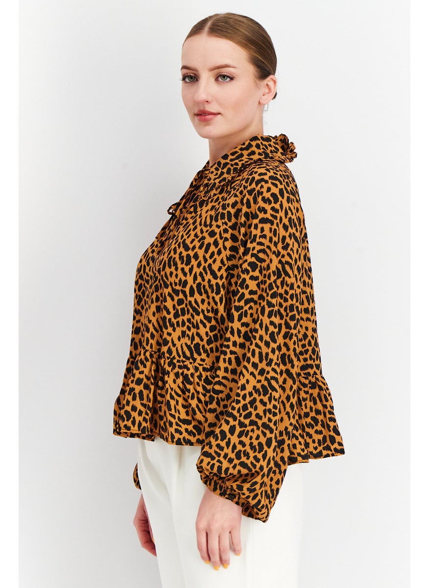 GLAMOROUS Women Tie Neck Long Sleeves Leopard Print Blouse, Brown  - Image 4