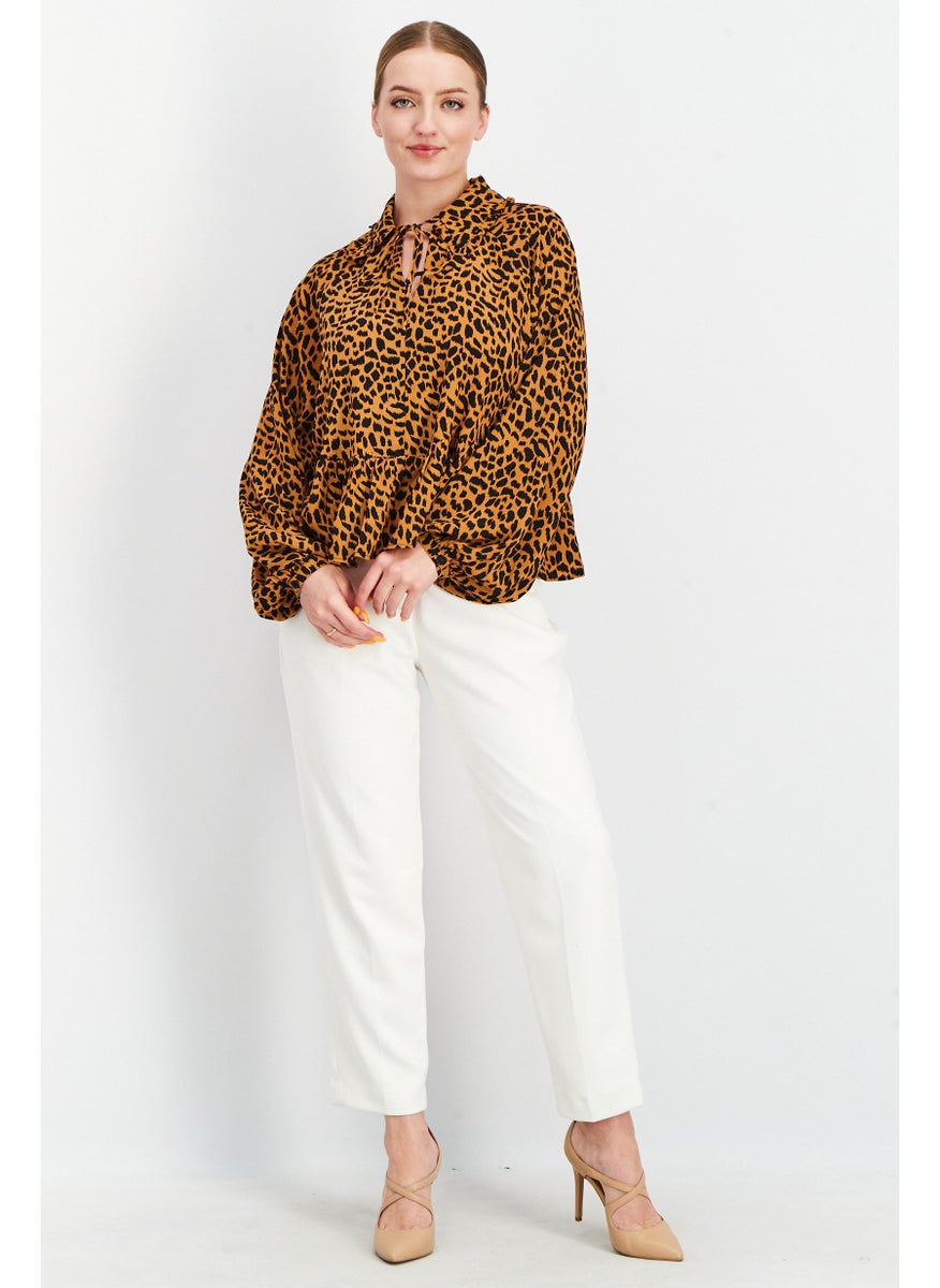 GLAMOROUS Women Tie Neck Long Sleeves Leopard Print Blouse, Brown  - Image 3