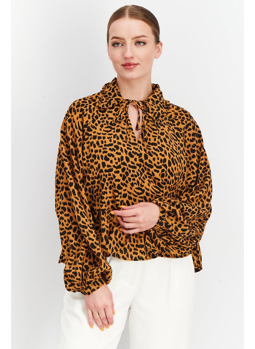 GLAMOROUS Women Tie Neck Long Sleeves Leopard Print Blouse, Brown  - Image 1