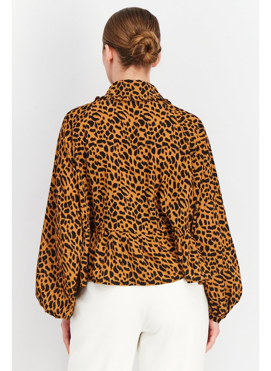 GLAMOROUS Women Tie Neck Long Sleeves Leopard Print Blouse, Brown  - Image 2