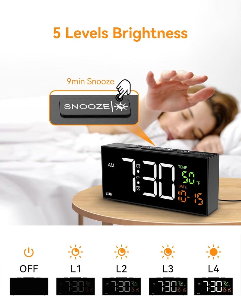 Netzu Alarm Clocks for Bedrooms, Digital Clock with Date Temperature and Weekday, Manual DST, Snooze, 2 Alarms, 4 Volumes for Living Room Home Bedside Desk (Black) - Image 5