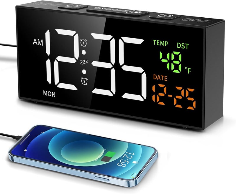 Netzu Alarm Clocks for Bedrooms, Digital Clock with Date Temperature and Weekday, Manual DST, Snooze, 2 Alarms, 4 Volumes for Living Room Home Bedside Desk (Black) - Image 1