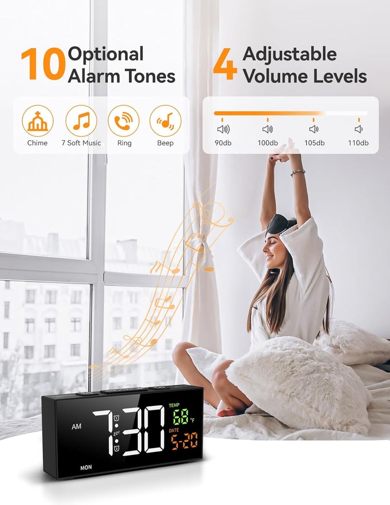 Netzu Alarm Clocks for Bedrooms, Digital Clock with Date Temperature and Weekday, Manual DST, Snooze, 2 Alarms, 4 Volumes for Living Room Home Bedside Desk (Black) - Image 2