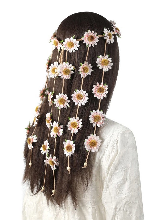 AWAYTR Flower Hippie Headband Floral Crown Behemain Sunflowers Beads Adjust Flower Headdress Hair Accessories (Light PInk Sunflower) - Image 2