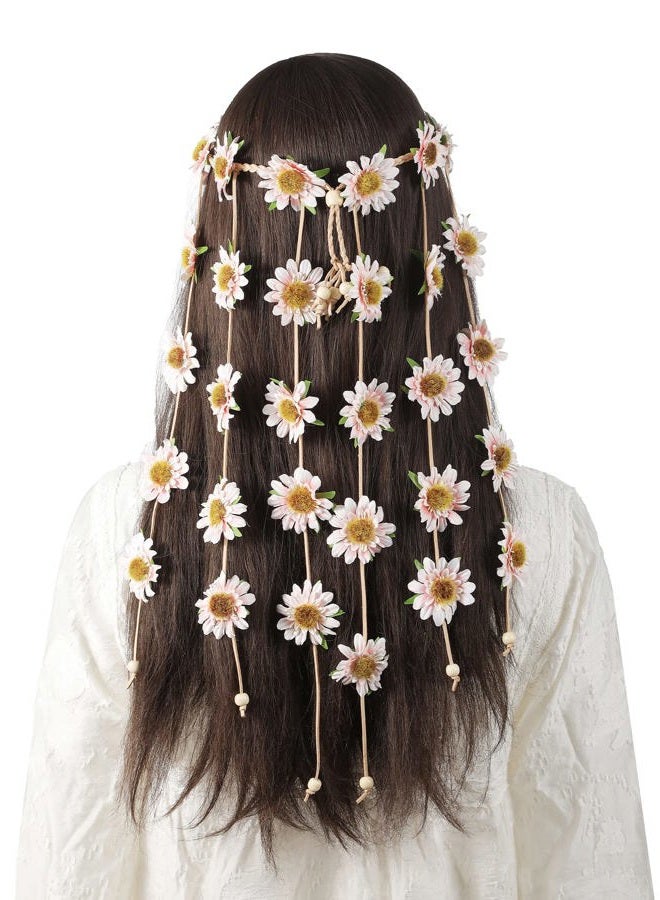 AWAYTR Flower Hippie Headband Floral Crown Behemain Sunflowers Beads Adjust Flower Headdress Hair Accessories (Light PInk Sunflower) - Image 1