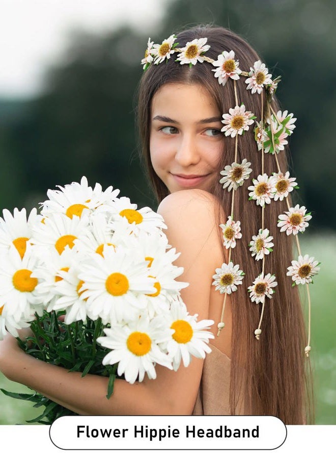 AWAYTR Flower Hippie Headband Floral Crown Behemain Sunflowers Beads Adjust Flower Headdress Hair Accessories (Light PInk Sunflower) - Image 5
