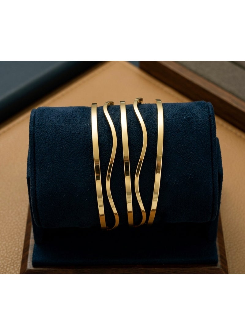 Julia Store 18K Gold Plated Stainless Steel Aesthetic Exquisite Luxury Elegant Dainty Cute Trendy High-End Hypoallergic Glossy Love Friendship Zigzag Straight Bangles Bracelets Set Of 5 Women Jewelry Gift - Image 1