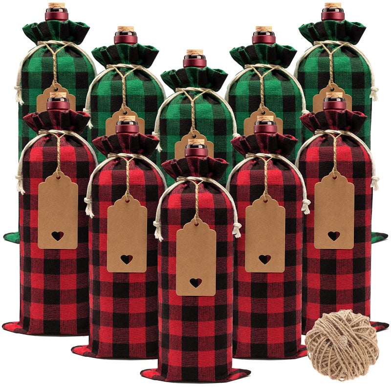 Burlap Wine Bags Christmas Wine Gift Bags 10 Pcs Buffalo Plaid Wine Bottle Bags with Drawstring  Tags Reusable Wine Bottle Covers for Xmas Valentine Wedding Birthday Holiday Party Housewarming