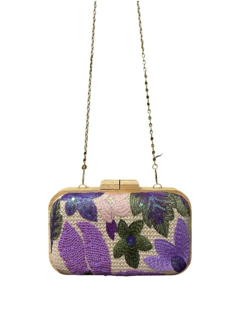 This is a beautifully crafted rectangular clutch with a light natural wood frame VS-42-PURPLE