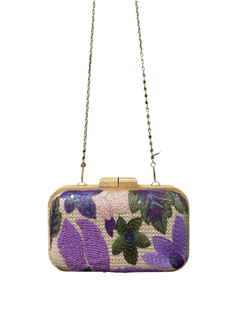 Vbranda - This is a beautifully crafted rectangular clutch with a light natural wood frame VS-42-PURPLE - Image 1