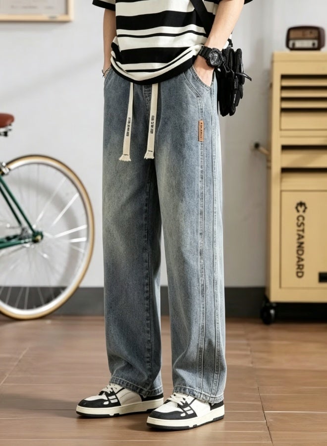 Retro Washed Thin Denim Trousers for Men, Loose Straight Cut American Streetwear Jeans - Image 1