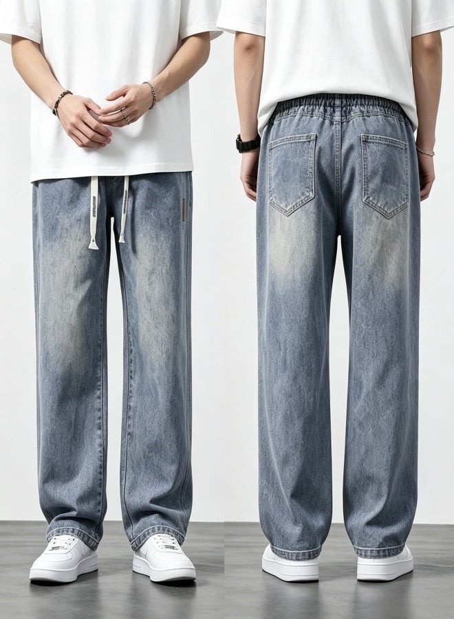 Retro Washed Thin Denim Trousers for Men, Loose Straight Cut American Streetwear Jeans - Image 5