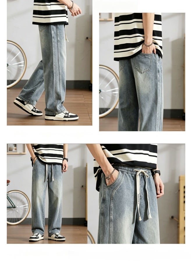 Retro Washed Thin Denim Trousers for Men, Loose Straight Cut American Streetwear Jeans - Image 4