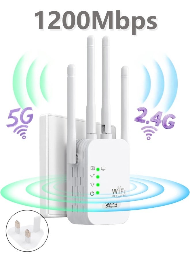 1200Mbps WiFi Range Extender AC WiFi Extender WiFi Booster WiFi Repeater with 4 External Antennas, WiFi Signal Amplifier Dual Band 2.4G and 5G - Image 1