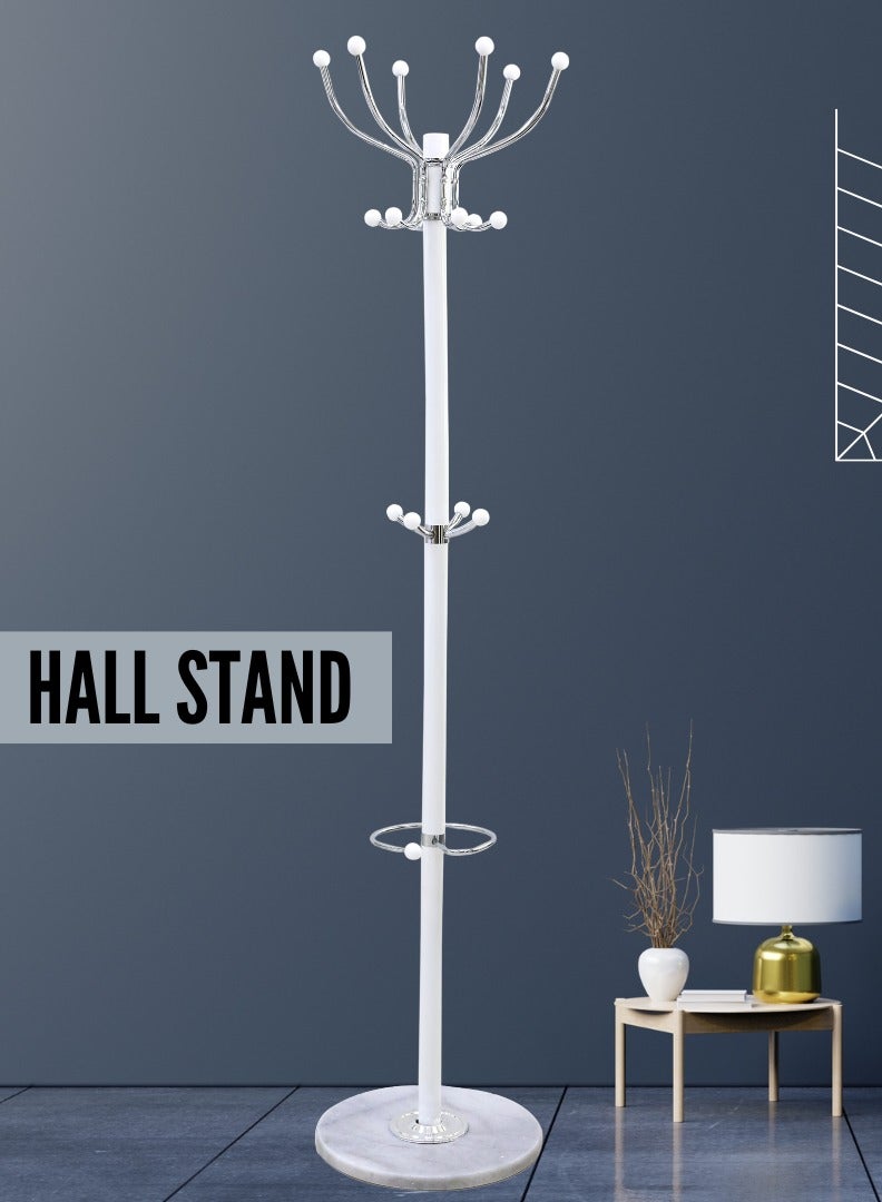 AFT Arfan Metal Coat Rack Stand With Natural Marble Base, Free Standing Hall Tree With 15 Hooks For Hanging Scarf, Bag, Jacket, Home Entry-Way Hat Hanger Organizer - White - Image 1