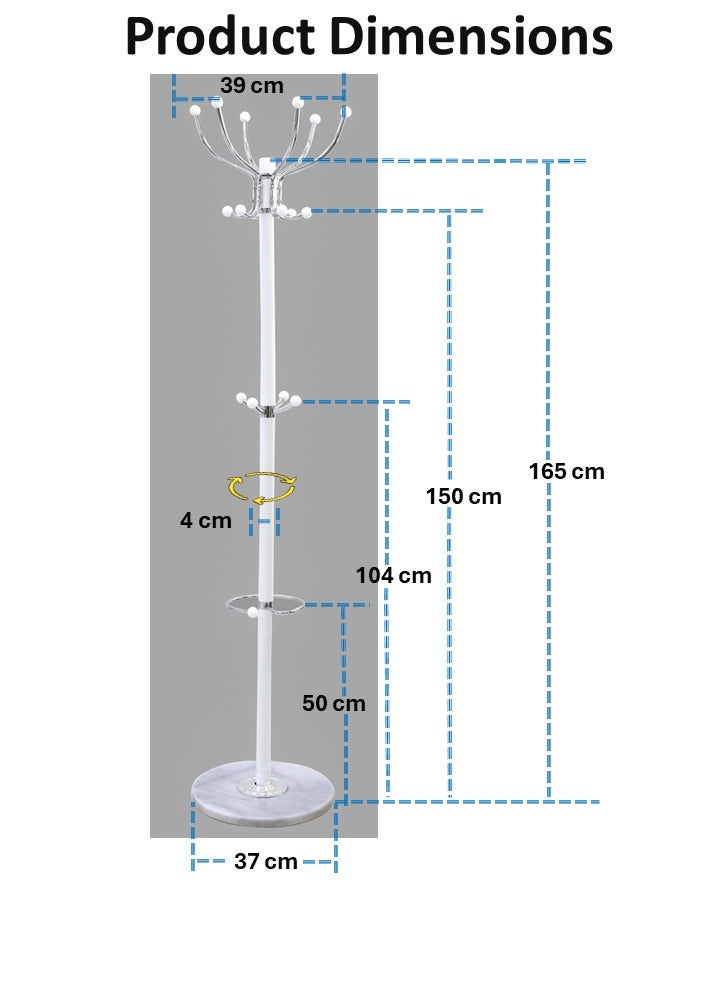 AFT Arfan Metal Coat Rack Stand With Natural Marble Base, Free Standing Hall Tree With 15 Hooks For Hanging Scarf, Bag, Jacket, Home Entry-Way Hat Hanger Organizer - White - Image 3