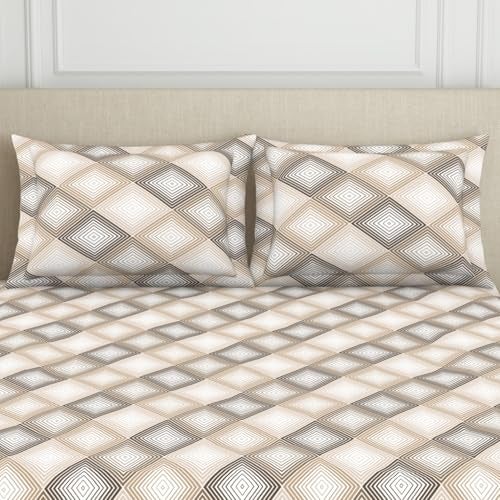 Welspun 120 TC Polycotton Bedsheet for Double Bed with 2 Pillow Cover | Skin Safe & Super Soft Queen Size Bed Sheet | (224 X 254 Inch) - Geometric Beige | Harmony - Image 4