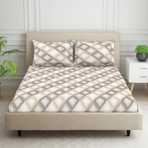Welspun 120 TC Polycotton Bedsheet for Double Bed with 2 Pillow Cover | Skin Safe & Super Soft Queen Size Bed Sheet | (224 X 254 Inch) - Geometric Beige | Harmony - Image 1
