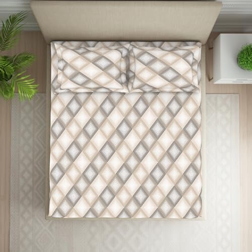 Welspun 120 TC Polycotton Bedsheet for Double Bed with 2 Pillow Cover | Skin Safe & Super Soft Queen Size Bed Sheet | (224 X 254 Inch) - Geometric Beige | Harmony - Image 3