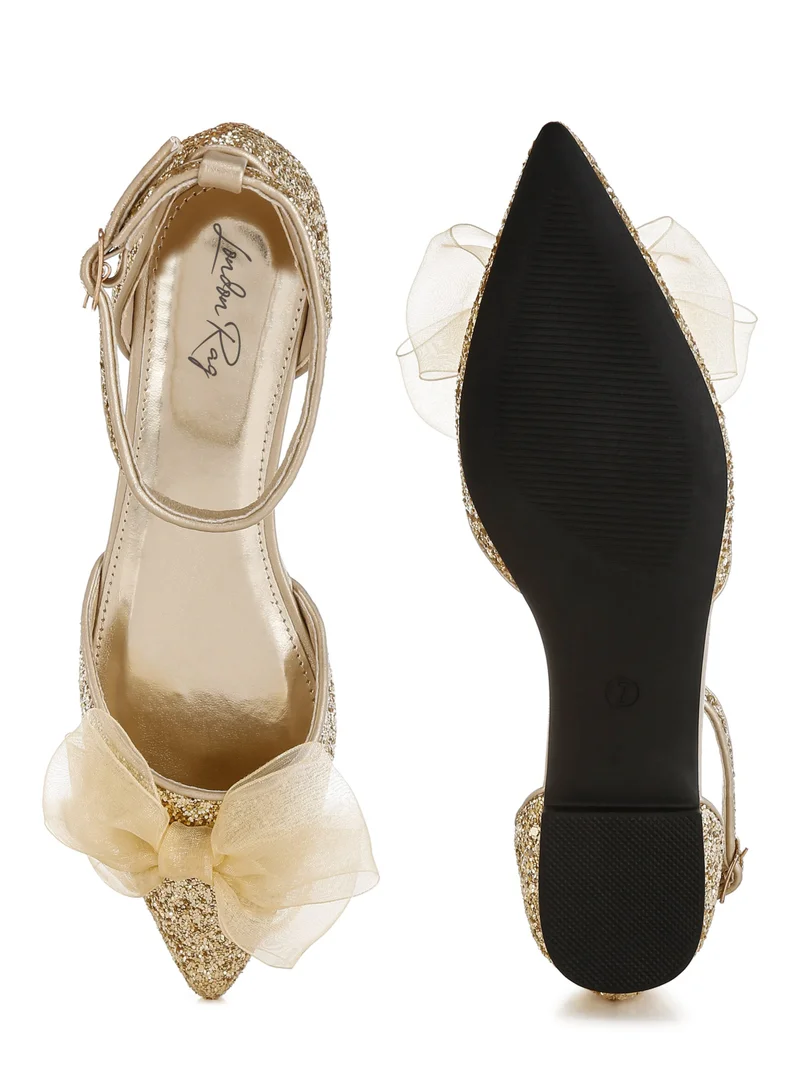London Rag Sheer Bow Detail Glitter Flat Sandals in Gold