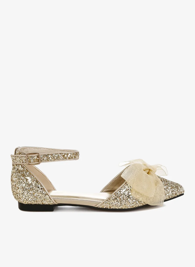 Sheer Bow Detail Glitter Flat Sandals in Gold
