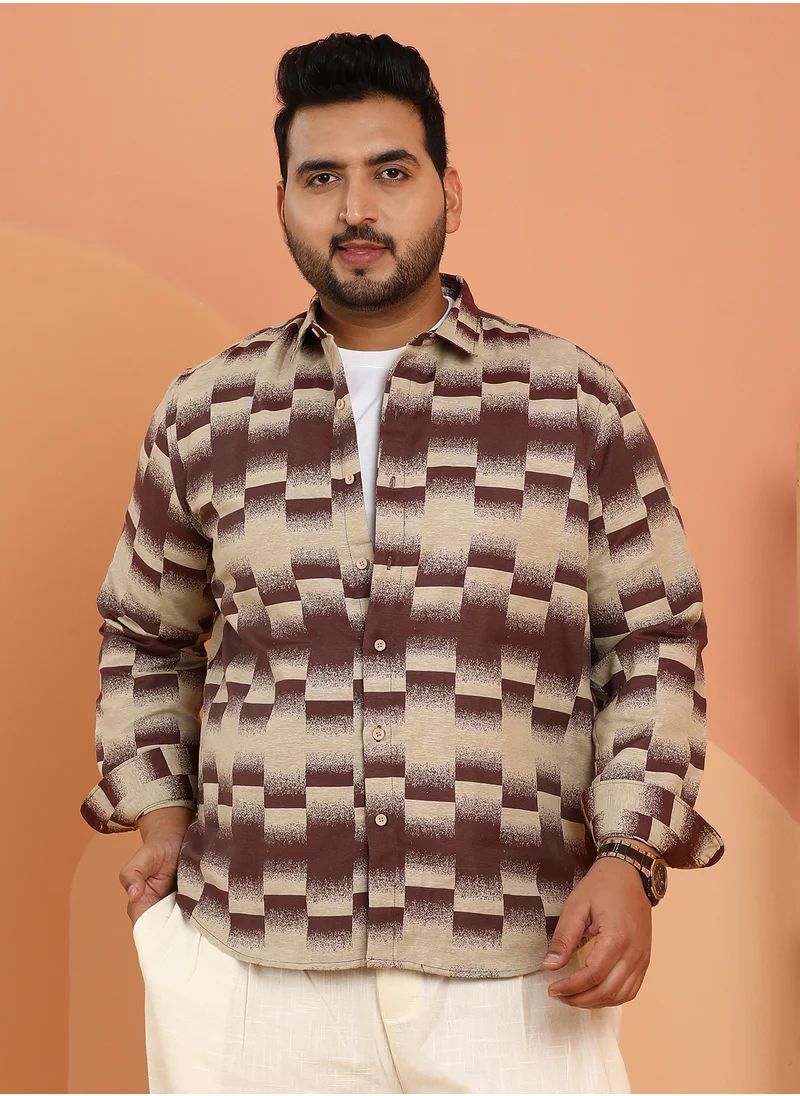 انستافاب بلس Instafab Plus Men's Chocolate Brown & Ecru Beige Ombre-Block Shirt For Casual Wear | Spread Collar | Long Cuffed Sleeves | Button Closure | Plus Size Shirt Crafted With Comfort Fit For Everyday Wear