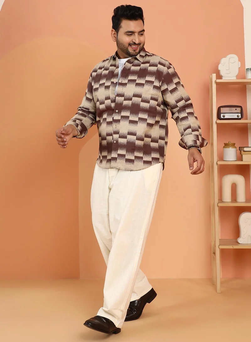 Instafab Plus Instafab Plus Men's Chocolate Brown & Ecru Beige Ombre-Block Shirt For Casual Wear | Spread Collar | Long Cuffed Sleeves | Button Closure | Plus Size Shirt Crafted With Comfort Fit For Everyday Wear