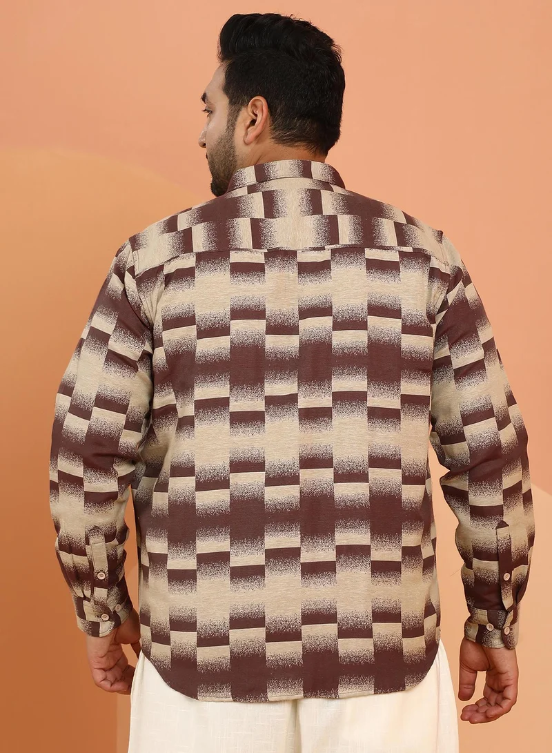 Instafab Plus Instafab Plus Men's Chocolate Brown & Ecru Beige Ombre-Block Shirt For Casual Wear | Spread Collar | Long Cuffed Sleeves | Button Closure | Plus Size Shirt Crafted With Comfort Fit For Everyday Wear