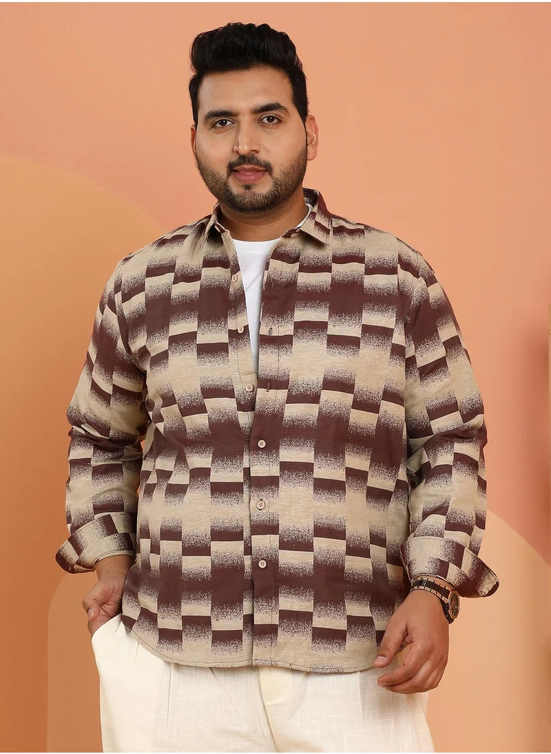 انستافاب بلس Instafab Plus Men's Chocolate Brown & Ecru Beige Ombre-Block Shirt For Casual Wear | Spread Collar | Long Cuffed Sleeves | Button Closure | Plus Size Shirt Crafted With Comfort Fit For Everyday Wear