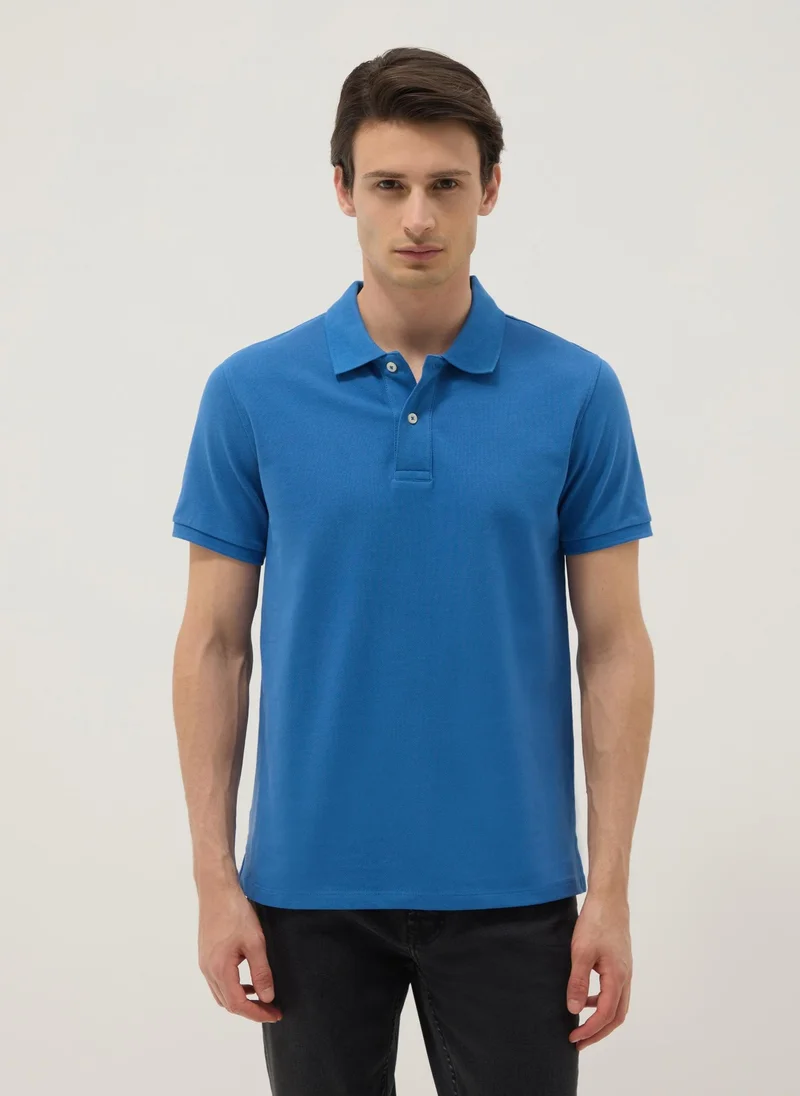 او في اس OVS Navy Blue Organic Cotton Regular-Fit Short-Sleeve Polo