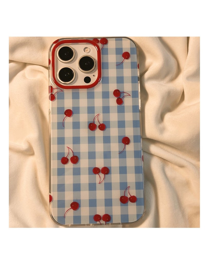 NIBEMINENT Protective TPU Case Cover For iPhone 16 Pro Max, Niche Blue Checkered Cherries