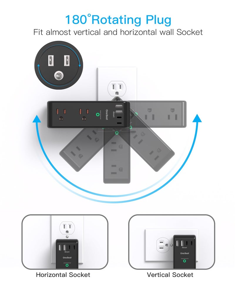 One Beat Surge Protector Outlet Extender with Rotating Plug, 6 AC Multi Plug Outlet with 4 USB Ports (2 USB C), 1800 Joules, 3-Sided Swivel Power Adapter with Spaced Outlet Splitter for Dorm, Office, Black - Image 3
