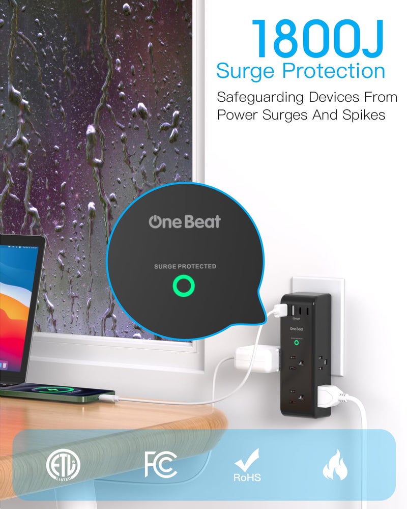 One Beat Surge Protector Outlet Extender with Rotating Plug, 6 AC Multi Plug Outlet with 4 USB Ports (2 USB C), 1800 Joules, 3-Sided Swivel Power Adapter with Spaced Outlet Splitter for Dorm, Office, Black - Image 5