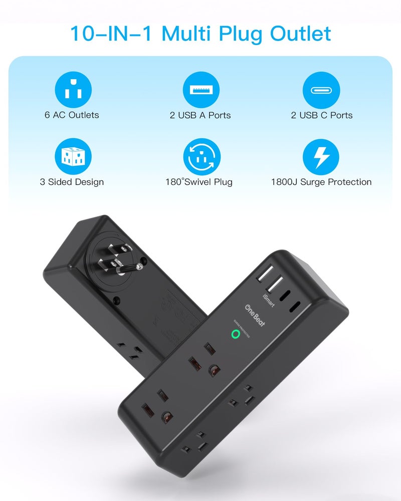 One Beat Surge Protector Outlet Extender with Rotating Plug, 6 AC Multi Plug Outlet with 4 USB Ports (2 USB C), 1800 Joules, 3-Sided Swivel Power Adapter with Spaced Outlet Splitter for Dorm, Office, Black - Image 2