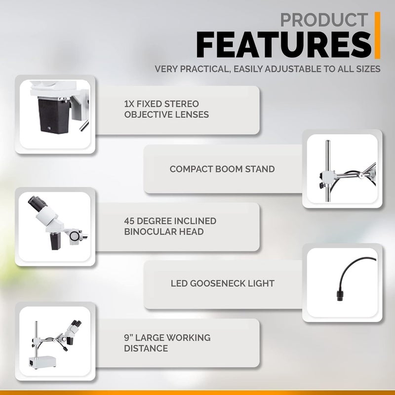 AmScope SE400 Professional Binocular Stereo Microscope WF10x Eyepieces 10X Magnification 1X Objective LED Lighting BoomArm Stand 110V120V - Image 5